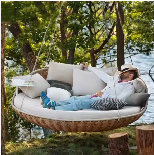 Outdoor Swing Bed Hanging Hammock Modern Swing Sofa Garden Furniture Detachable Cleaning Rope Rattan Vine Round Hanging Daybed