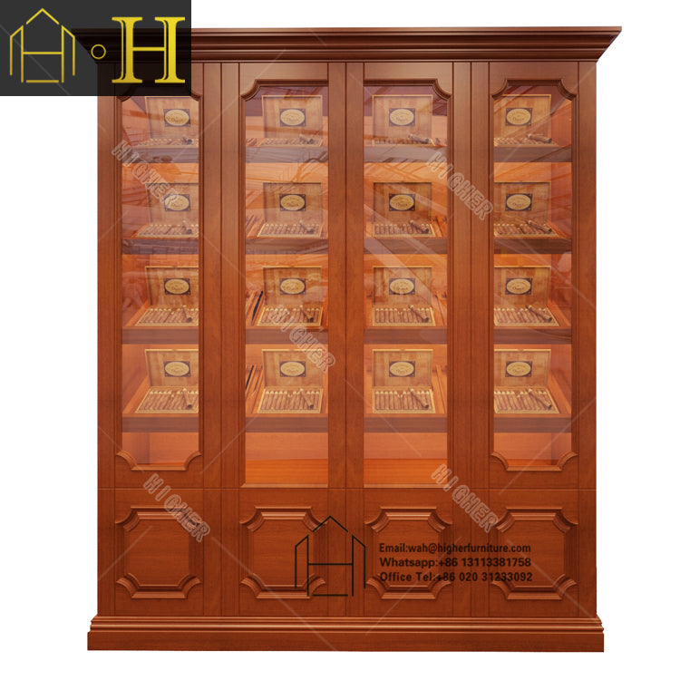 Custom Wooden Shelves Glass Double Door Cigar Humidor Cabinet Cigar showcase