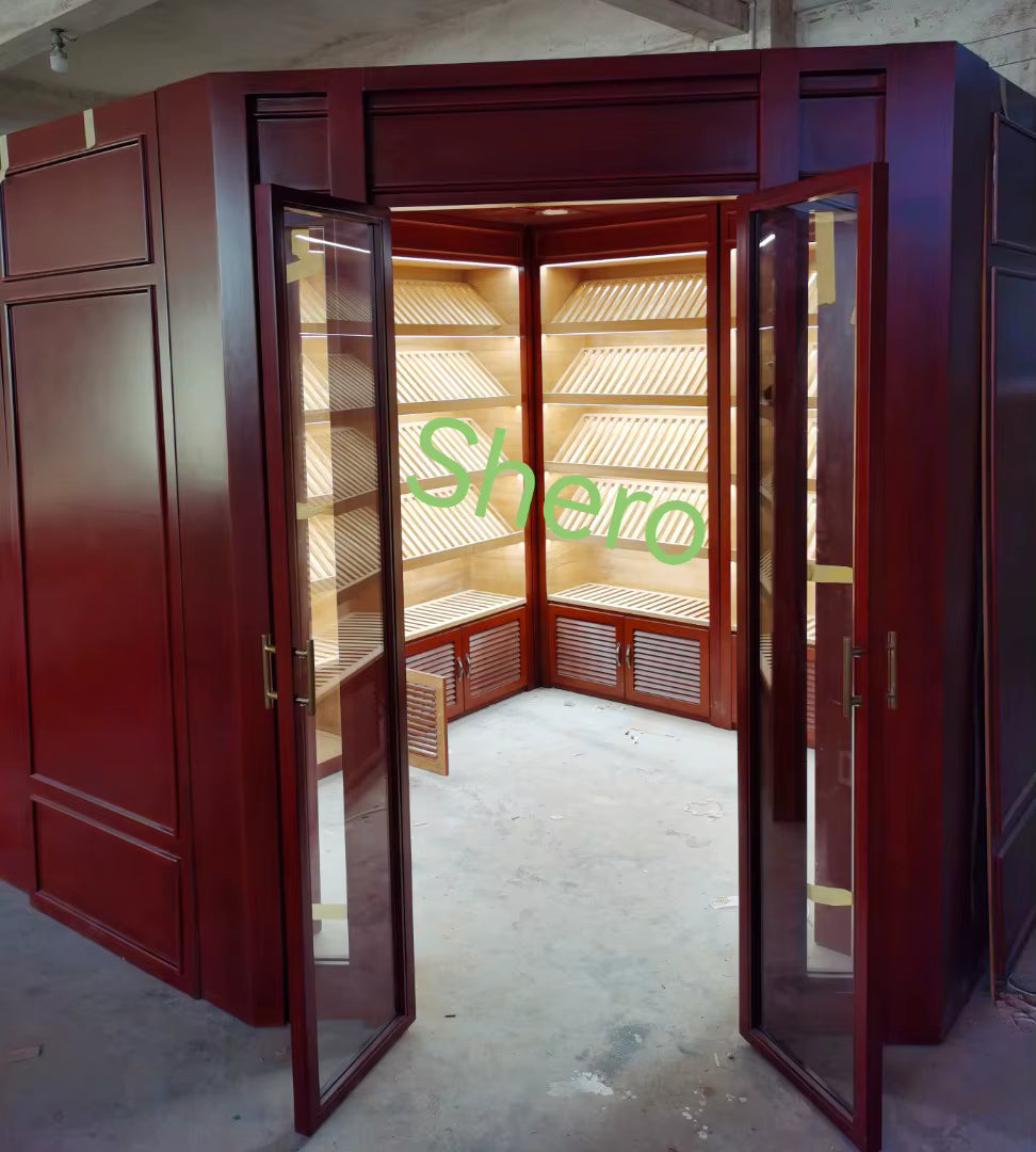 Custom Wooden Shelves Glass Double Door Cigar Humidor Cabinet Cigar showcase