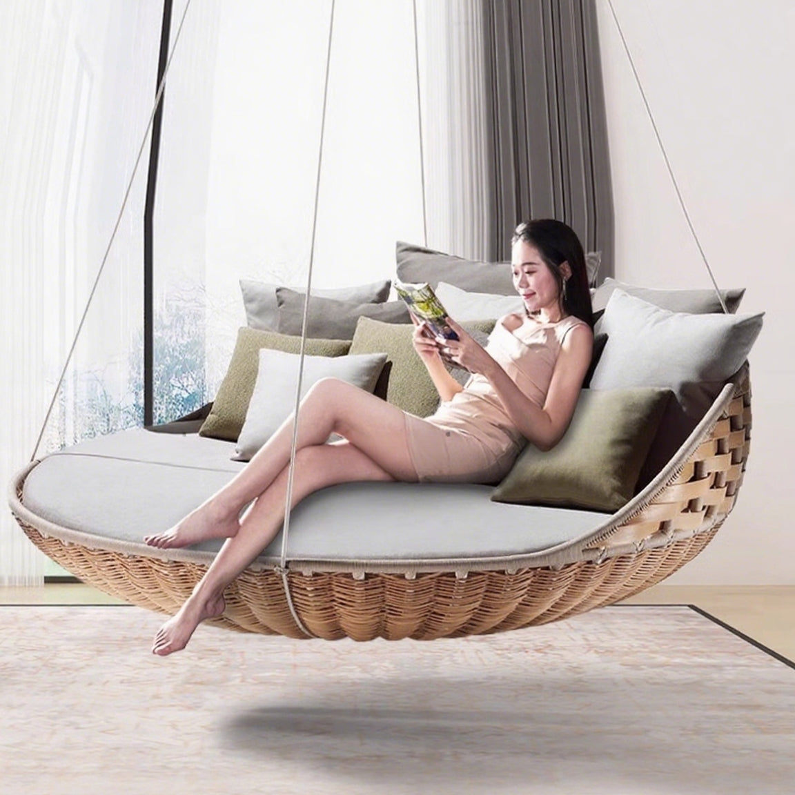 Outdoor Swing Bed Hanging Hammock Modern Swing Sofa Garden Furniture Detachable Cleaning Rope Rattan Vine Round Hanging Daybed