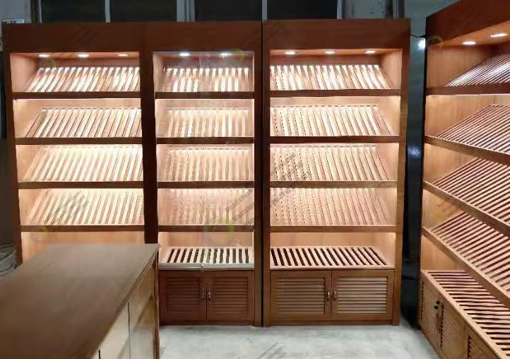 Custom Wooden Shelves Glass Double Door Cigar Humidor Cabinet Cigar showcase